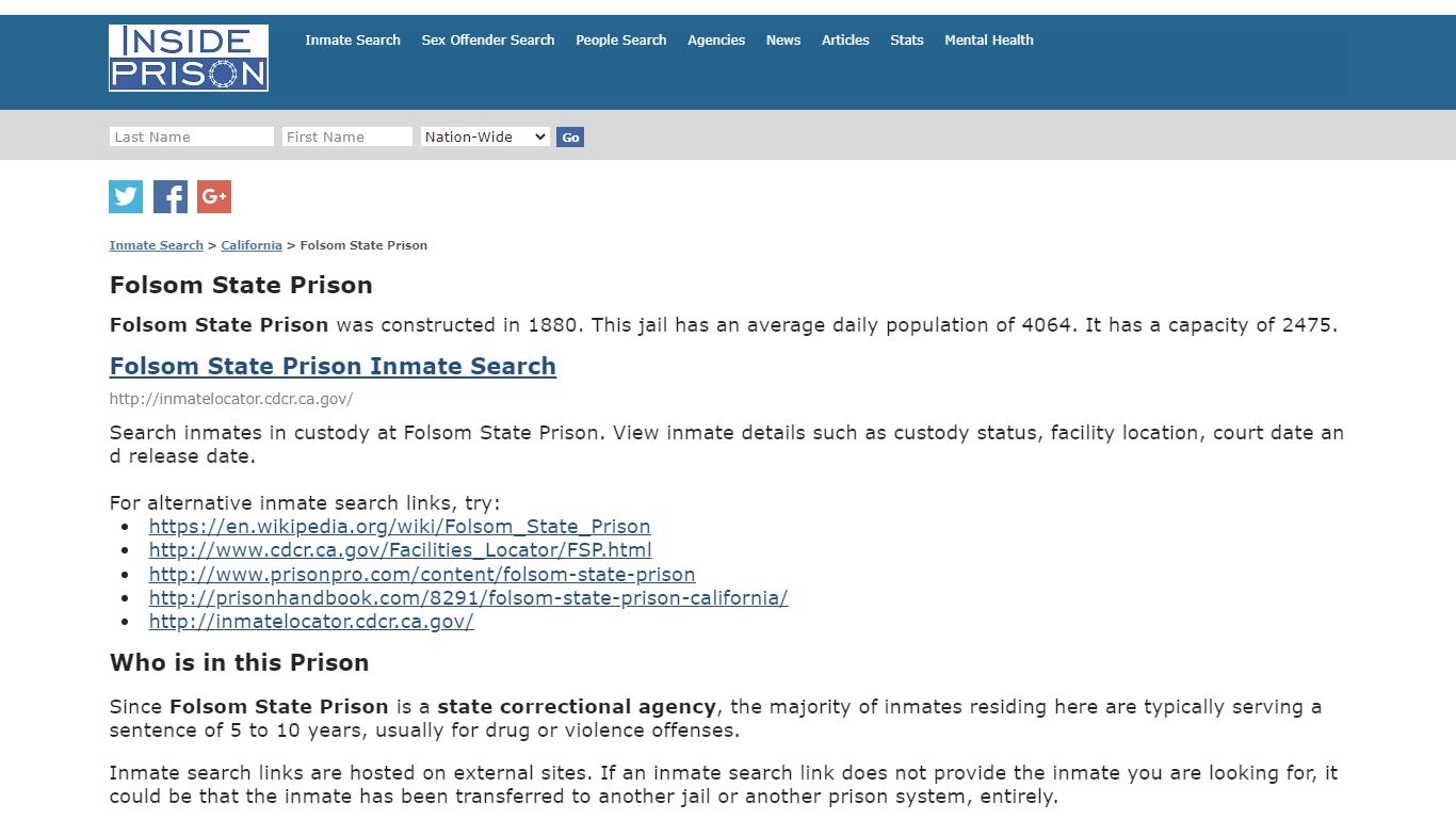 Folsom State Prison - California - Inmate Search