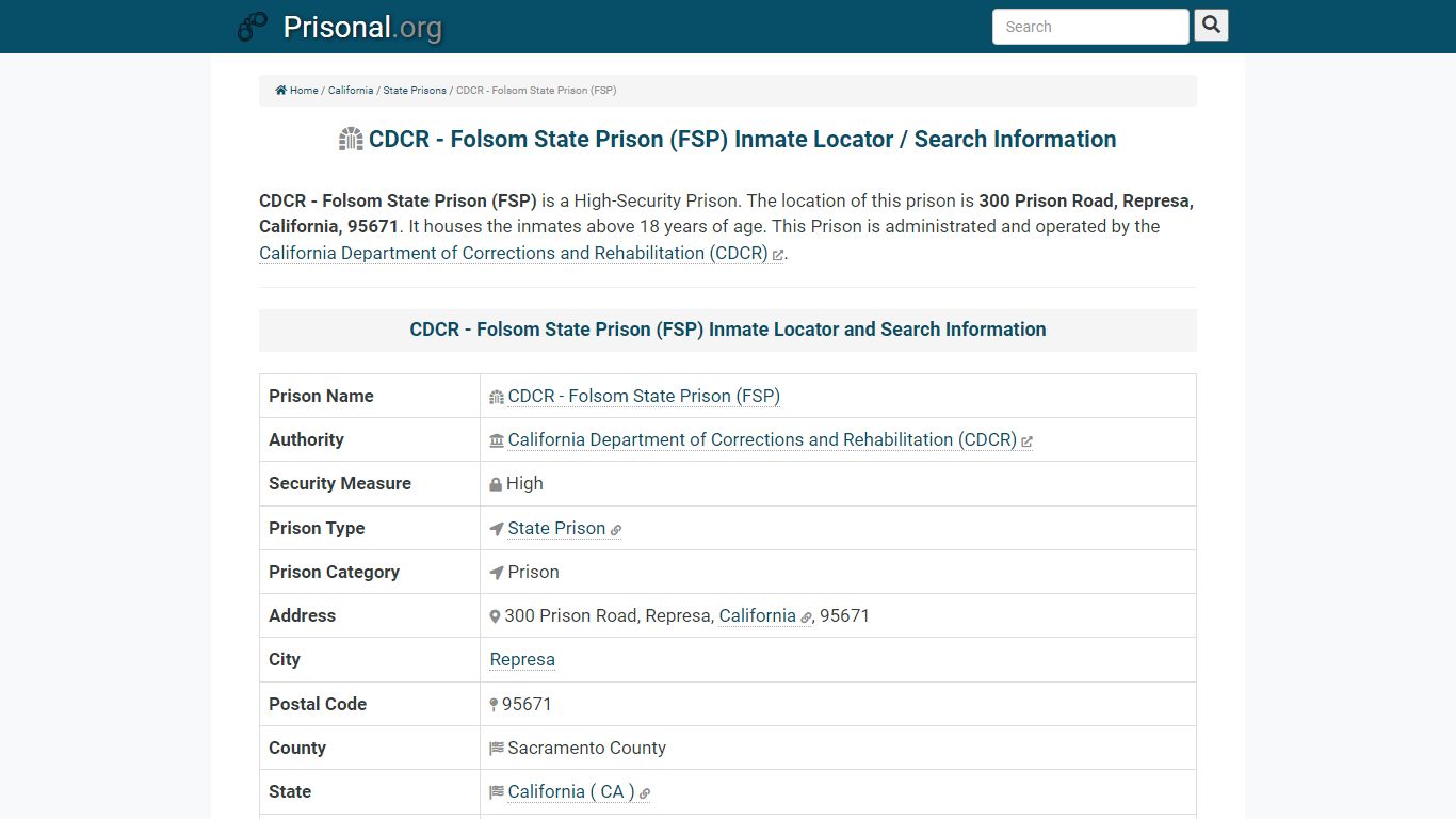 CDCR - Folsom State Prison (FSP)-Inmate Locator/Search ...